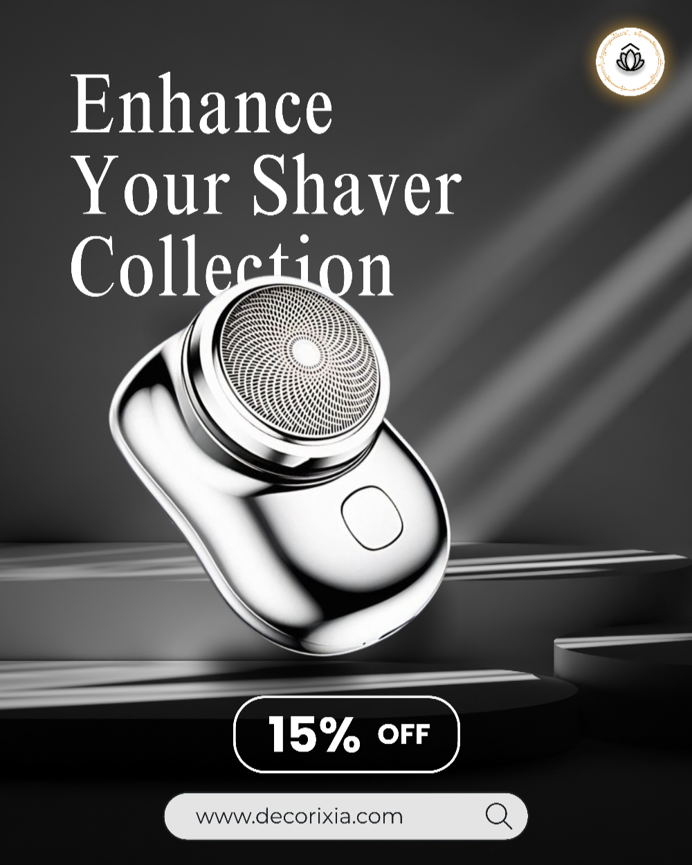 Shaver on a dark background with promotional text and website URL.