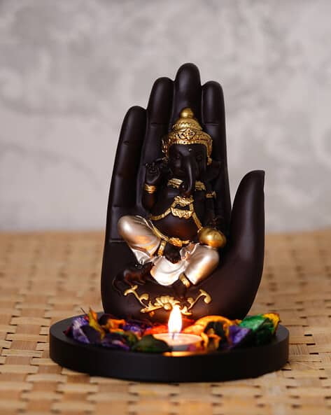 eCraftIndia Golden Handcrafted Palm Ganesha Decorative Showpiece