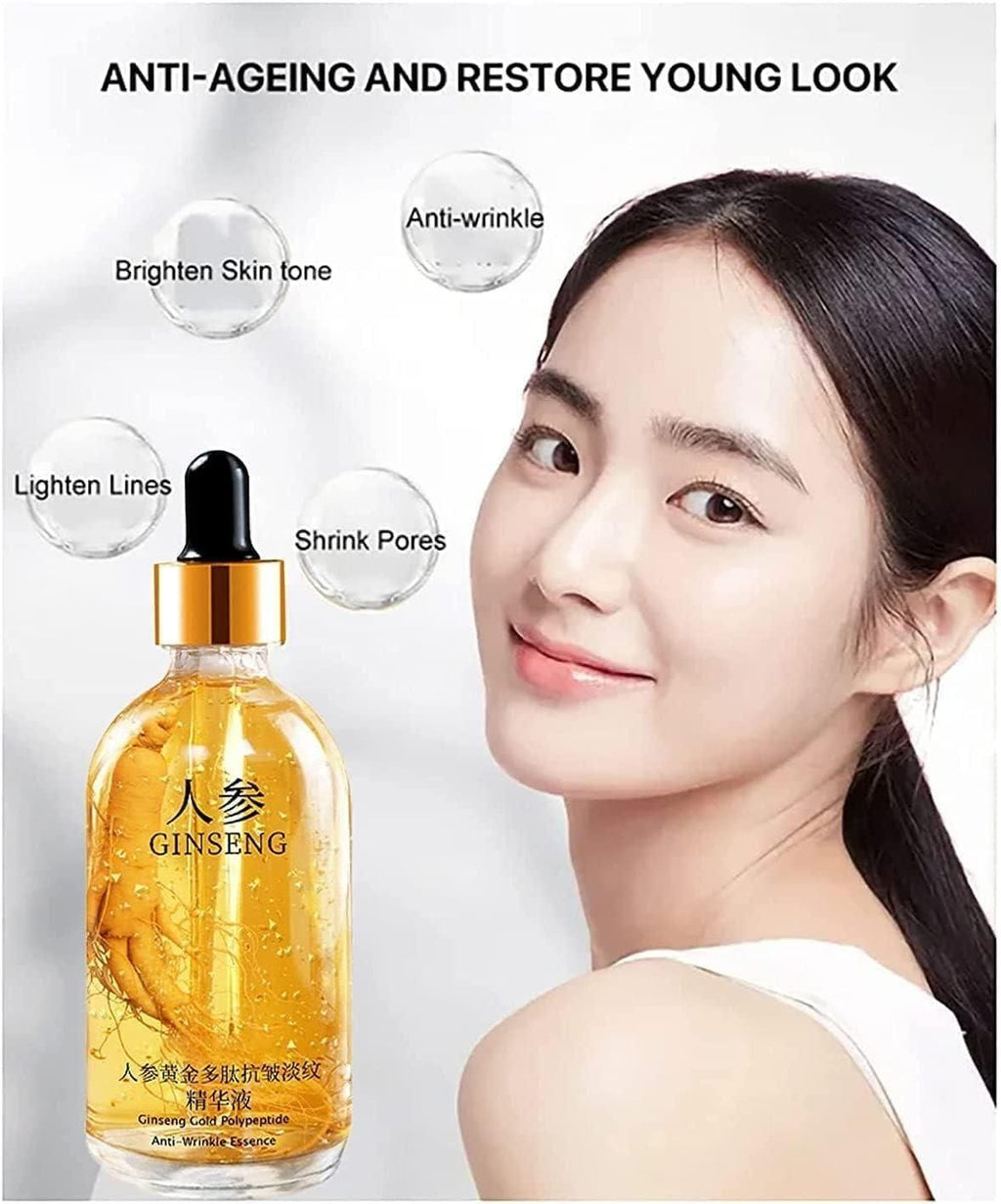 Skincare product with a woman's face and text highlighting benefits on a white background