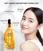 Skincare product with a woman's face and text highlighting benefits on a white background